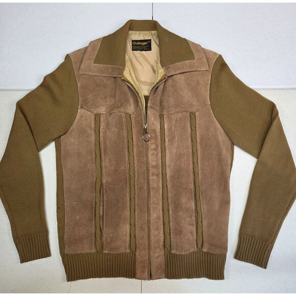 Vintage Challenger Cardigan Mens Large 38-40 Suede Knit Zip-Up Jacket 1970s-80s - Picture 5 of 14